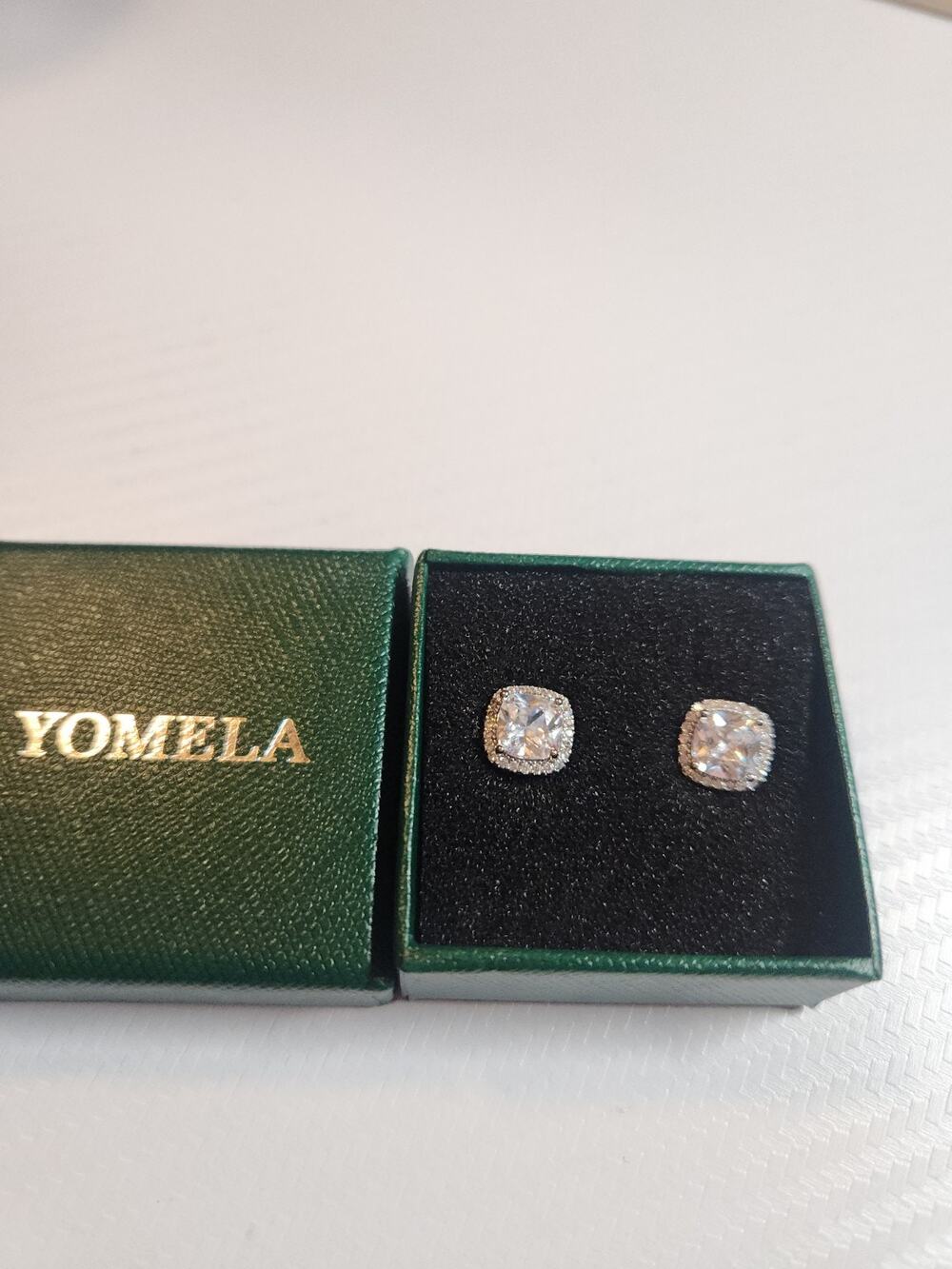 YOMELA 10mm Square Cubic Zirconia Halo Stud Earrings White Gold Tone